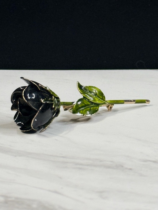 Jewelry - Gold Tone Black Rose Brooch